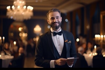 The host of etiquette greeted the guests with a smile, appropriate gestures and elegant manners,