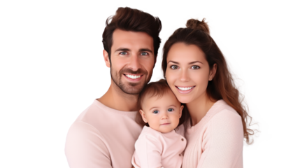 Young happy parents mom dad with child kid daughter teen girl. Isolated on transparent background.