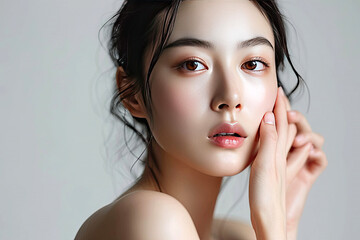 Studio portrait of a beautiful young Asian woman with cosmetics makeup or skin care on her face that makes her look pretty isolated on clean studio background.