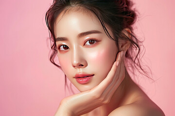 Studio portrait of a beautiful young Asian woman with cosmetics makeup or skin care on her face that makes her look pretty isolated on clean studio background.