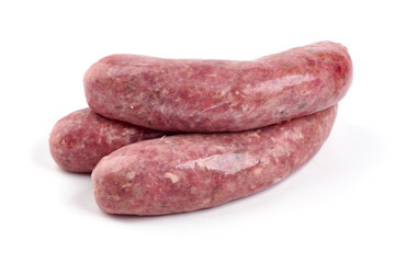 German Oktoberfest Sausages with basil leaf, close-up, isolated on white background.