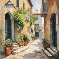 Fototapeta na wymiar A watercolor of a quaint alley in a Mediterranean town 