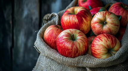 sack full of red, ripe apples, closeup