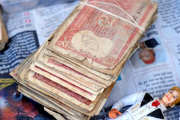 Rare Vintage Indian Currency, A background of old vintage Indian currency notes.