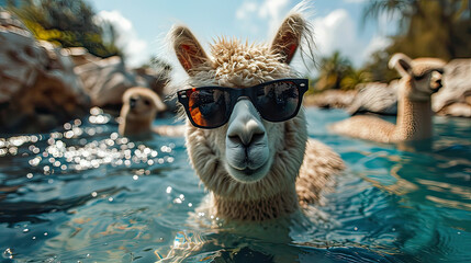alpaca dressed as a human with sunglasses sitting at swiming pool  - Powered by Adobe
