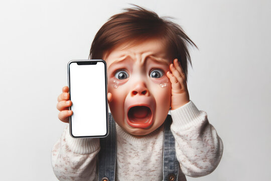 shocked child with open mouth crying and holding smartphone on solid white background. ai generative
