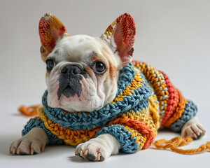 Crochet handmade dog shape  pastel color on white background 