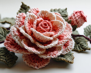 Rose flower Crochet handmade  pastel color on white background 