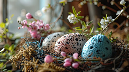  Crochet eggs shape in bird net with Easter concept - obrazy, fototapety, plakaty