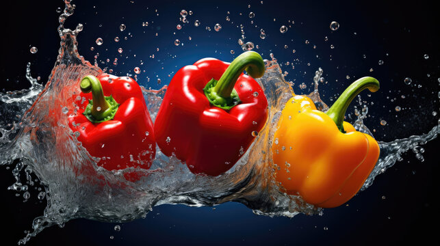 smooth Fresh organic red yellow green Bell Pepper paprika Vegetables falling into water and splashes created with Generative AI Technology