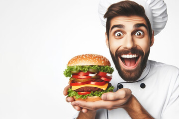 male chef with a burger smiles on solid white background. ai generative
