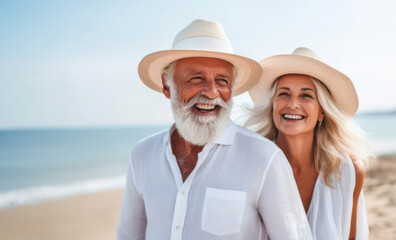 Obraz premium Cheerful Caucasian senior couple with summer heats on a beach vacation, enjoying each other's company.