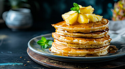 pancakes with maple syrup and pieces of pineapple, closeup