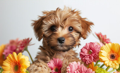 Cute puppy with bouquet of colorful flowers on white background. A playful, young pet in a springtime setting, isolated with copy space for cheerful messages.