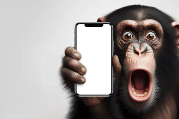 Shocked monkey holding smartphone with white mockup screen on solid white background. ai generative - obrazy, fototapety, plakaty