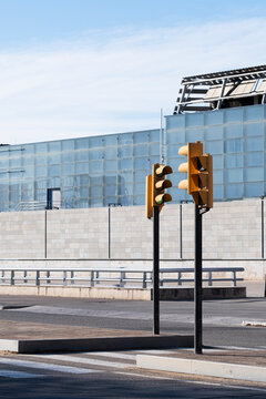 Traffic light in a modern financial district in Barcelona in Spain