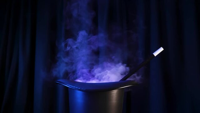 Magician Top Hat & Magic Wand with Mysterious Smoke on Black Theater Stage Curtains