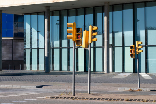 Traffic light in a modern financial district in Barcelona in Spain