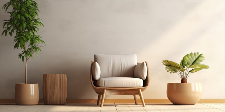 Naklejki  interior design concept with wooden furniture and potted plant, in a modern living room.