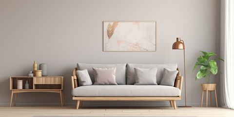 Beautiful living room interior with wooden furniture and a grey Scandinavian sofa adorned with pillows.