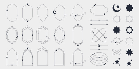 Islamic modern minimalist aesthetic linear set elements. Arch frames with stars and crescent. Lineart geometric shapes. Boho line art vector illustration for social media, poster - obrazy, fototapety, plakaty