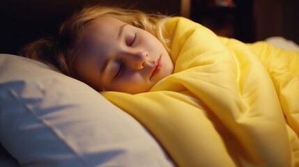 "In a quiet moment, a little girl finds respite in sleep on a soft blanket, her room enveloped in an atmosphere of serenity and calm."