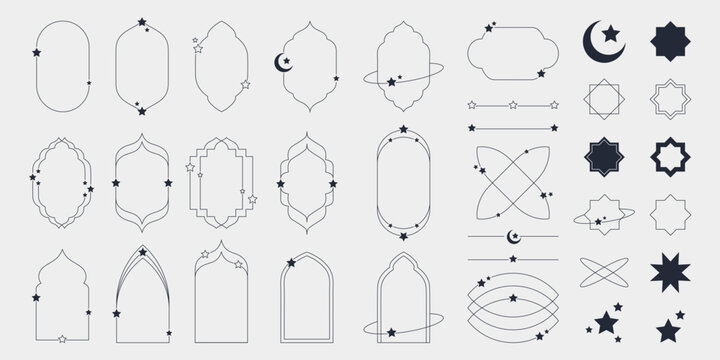 Fototapeta Islamic modern minimalist aesthetic linear set elements. Arch frames with stars and crescent. Lineart geometric shapes. Boho line art vector illustration for social media, poster