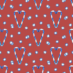 Raster seamless pattern of blue Christmas candies on a brown background