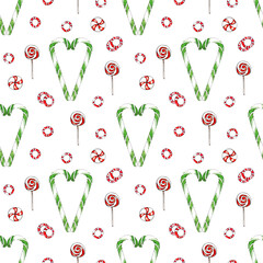 Christmas seamless pattern using sketching technique with candies on a white background