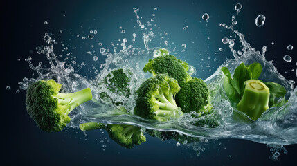 Smooth Fresh organic green raw Broccoli Vegetables falling into water and splashes created with Generative AI Technology