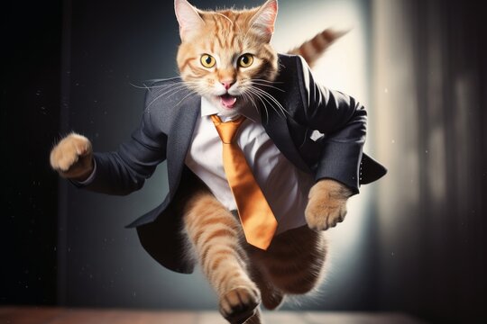 A fast cat with a business suit being in a hurry.