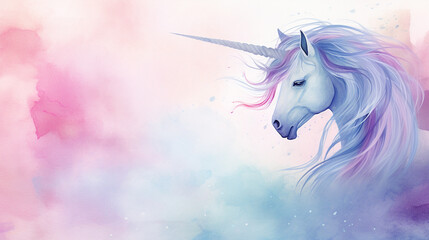 Obraz na płótnie Canvas unicorn and girly background. Soft blue and violet rainbow pastel unicorn girly watercolour background