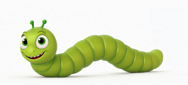 A 3d cartoon character green worm caterpillar on the white background, looking cute, adorable and joyful