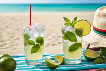 Mojito cocktail in a clear glass with alcohol, rum, sugar, lime, mint leaves, soda, ice, arranged on a sandy beach. for advertising media It is usually popular in summer. Refreshing drinks