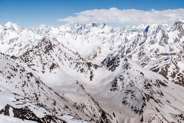Winter mountains of the Caucasus on a sunny day. Panoramic view