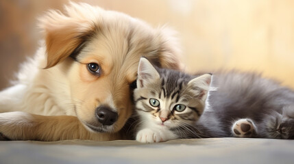 Fototapeta na wymiar Dog and cat hug each other. The concept of true friendship.Generative AI