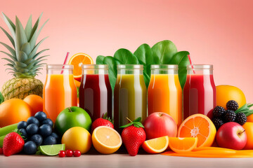 Various freshly squeezed fruits and vegetables juices and their ingredients with on a table.