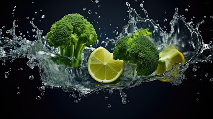 Smooth Fresh organic green raw Broccoli Vegetables falling into water and splashes