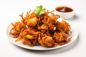 deep fried onion bhaji with red sauce on white background