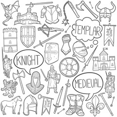 Knight Doodle Icons Black and White Line Art. Medieval Clipart Hand Drawn Symbol Design.