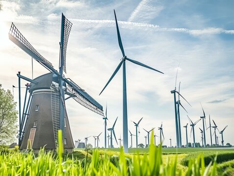 Generations of Wind Power: An Old Windmill Amidst Sleek Turbines