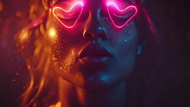 Lips kiss in neon UV lights. Beauty sexy model lips close-up, disco. Woman mouth closeup. Metallic lipstick. Purple and blue ultraviolet lights. Slow motion 4K UHD video. Pink Neon hearts Valentine. H