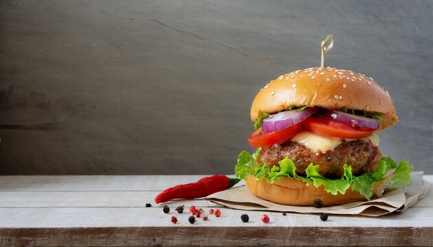 Grill Masterpiece: Juicy Beef Burger Up Close on Wooden Table