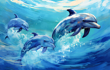 Dolphins jumping out of the water. Watercolor painting