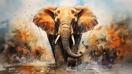 Watercolor painting of an elephant on white background with watercolor splashes