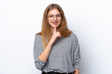 Teenager Russian girl isolated on white background showing a sign of silence gesture putting finger...