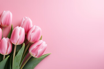 pink tulips on a pink background, top view with space for text, banner or screensaver