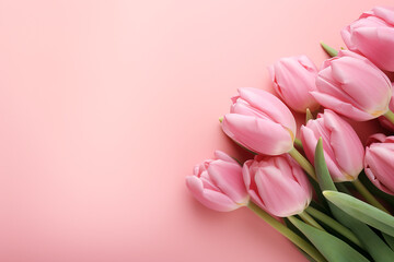 background with space for text, pink background and delicate tulips in the right corner
