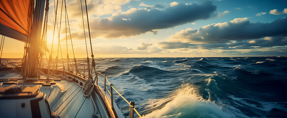 Sailing at sunset, golden light casting over rough ocean waves