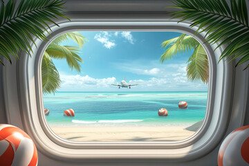 Airplane window is in middle and outside window there is view of coconut trees and sea and in front there is airplane taking off,